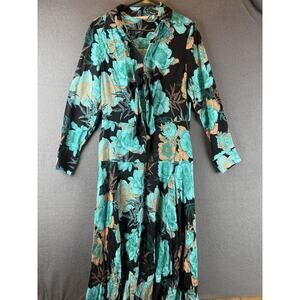 Soft Surroundings NEW Turquoise Black Floral Tie Front Long Sleeve Maxi Dress S